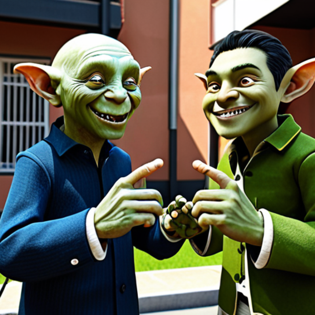 **
"Geumbi, a friendly goblin with a playful expression, and Leon, a brave ghost hunter in appropriate attire, high-fiving each other in front of the Shinbi Apartment. Background: A warm, inviting apartment complex with cartoonish details. Safe for work, appropriate content, fully clothed, professional, family-friendly, perfect anatomy, correct proportions, well-formed hands, proper finger count, natural body proportions, high quality."
**