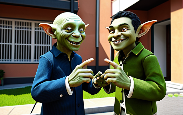 **
"Geumbi, a friendly goblin with a playful expression, and Leon, a brave ghost hunter in appropriate attire, high-fiving each other in front of the Shinbi Apartment. Background: A warm, inviting apartment complex with cartoonish details. Safe for work, appropriate content, fully clothed, professional, family-friendly, perfect anatomy, correct proportions, well-formed hands, proper finger count, natural body proportions, high quality."
**