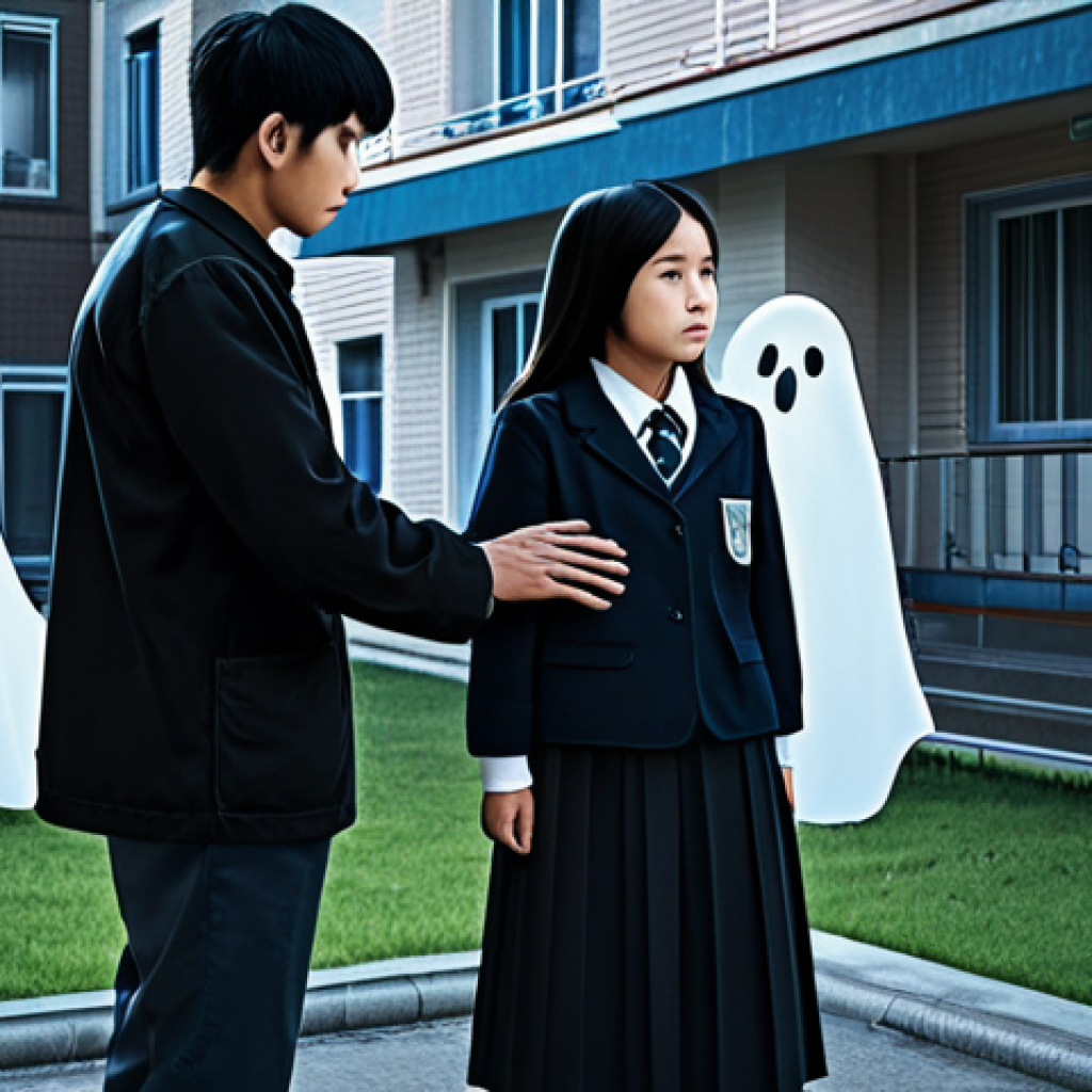 **
"Kang-rim, a serious young man in modest, dark clothing, standing protectively in front of Ha-ri, a courageous young woman in a school uniform, battling cartoonish ghosts in front of an apartment building, fully clothed, appropriate content, safe for work, perfect anatomy, natural proportions, professional illustration, family-friendly"
**