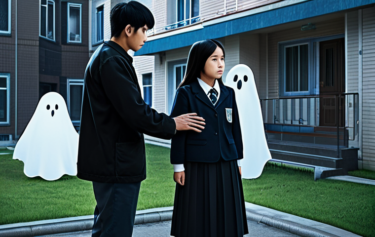**
"Kang-rim, a serious young man in modest, dark clothing, standing protectively in front of Ha-ri, a courageous young woman in a school uniform, battling cartoonish ghosts in front of an apartment building, fully clothed, appropriate content, safe for work, perfect anatomy, natural proportions, professional illustration, family-friendly"
**