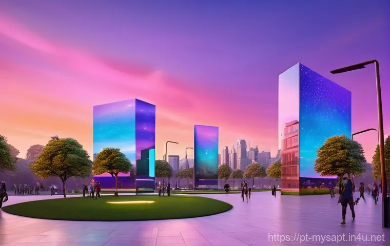 신비아파트 팬픽 제작 가이드 - **Prompt 1:** A vibrant, futuristic city park at sunset. Young people, aged 14-18, are engaged in va...