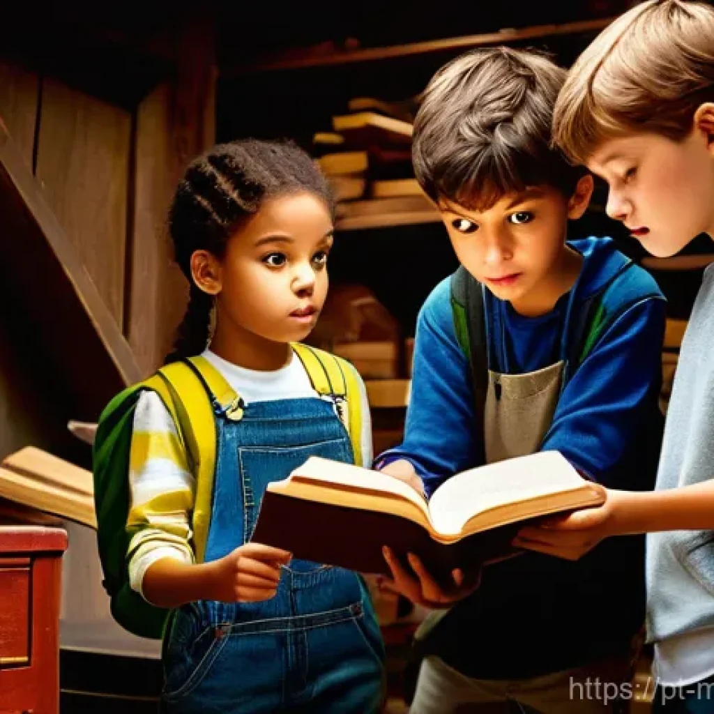 신비아파트 시청 포인트 정리 - **Prompt:** A group of three diverse children, aged 8-12, are on a playful mystery adventure. They a...