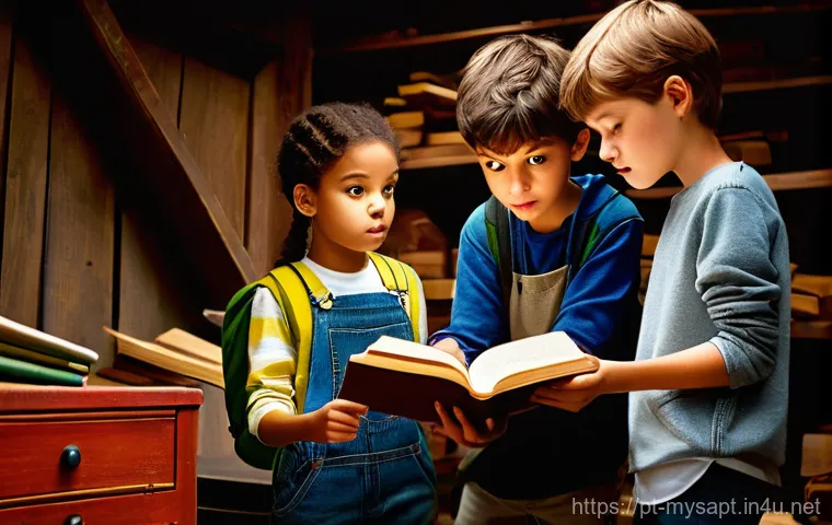 신비아파트 시청 포인트 정리 - **Prompt:** A group of three diverse children, aged 8-12, are on a playful mystery adventure. They a...