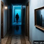신비아파트 숨겨진 메시지 - A dimly lit urban apartment hallway at night, with subtle supernatural elements: faint shadows movin...