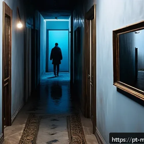 Home 33 신비아파트 숨겨진 메시지 - A dimly lit urban apartment hallway at night, with subtle supernatural elements: faint shadows movin...