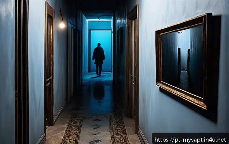 신비아파트 숨겨진 메시지 - A dimly lit urban apartment hallway at night, with subtle supernatural elements: faint shadows movin...