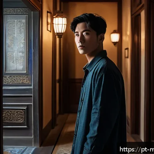 신비아파트 레온의 배경과 역할 분석 - A mysterious young male character standing in a dimly lit, ancient apartment hallway, surrounded by ...
