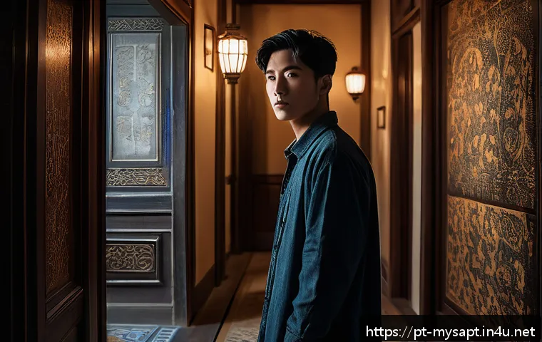 신비아파트 레온의 배경과 역할 분석 - A mysterious young male character standing in a dimly lit, ancient apartment hallway, surrounded by ...