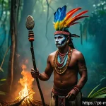 신비아파트 관련 한국 민속 신화 - A mysterious, foggy Amazon rainforest at twilight, with glowing spiritual animals like jaguars and c...