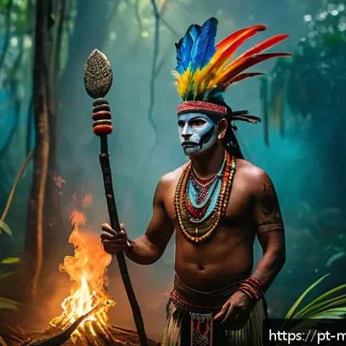 신비아파트 관련 한국 민속 신화 - A mysterious, foggy Amazon rainforest at twilight, with glowing spiritual animals like jaguars and c...