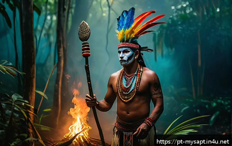 신비아파트 관련 한국 민속 신화 - A mysterious, foggy Amazon rainforest at twilight, with glowing spiritual animals like jaguars and c...