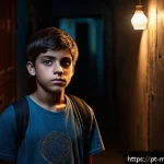 Home 23 신비아파트 하리와 강림의 운명 - A mysterious urban apartment corridor at night, dimly lit with flickering lights and ancient wooden ...