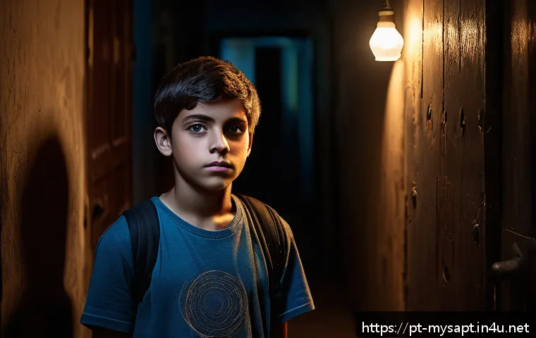 신비아파트 하리와 강림의 운명 - A mysterious urban apartment corridor at night, dimly lit with flickering lights and ancient wooden ...
