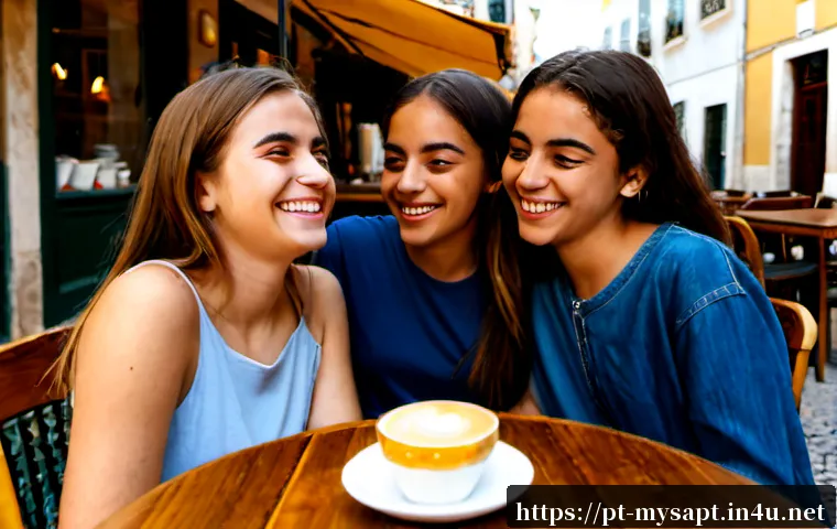 Home 17 신비아파트 구하리의 친구 관계 - Photorealistic scene of three close teenage friends sharing a warm laugh at a sunny Lisbon café terr...