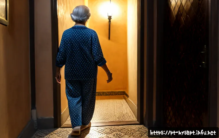 Home 17 신비아파트 초자연적 현상 해석 - Photorealistic nighttime scene inside a modest Lisbon apartment hallway, an elderly Portuguese woman...