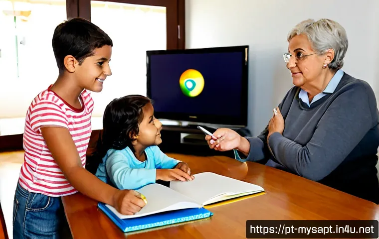 Home 17 신비아파트의 교육적 가치 - Photorealistic Portuguese family learning together in a bright Lisbon apartment living room, two sch...